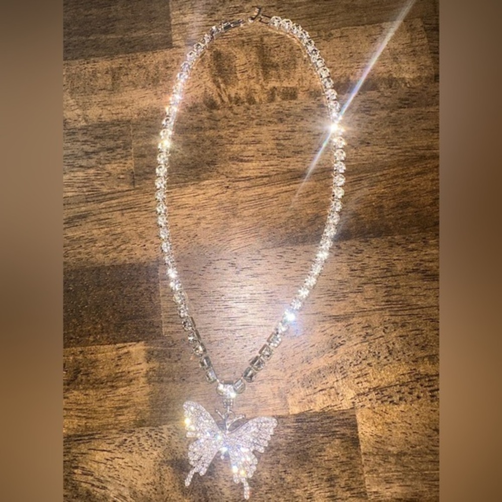 Silver butterfly rhinestone necklace chain